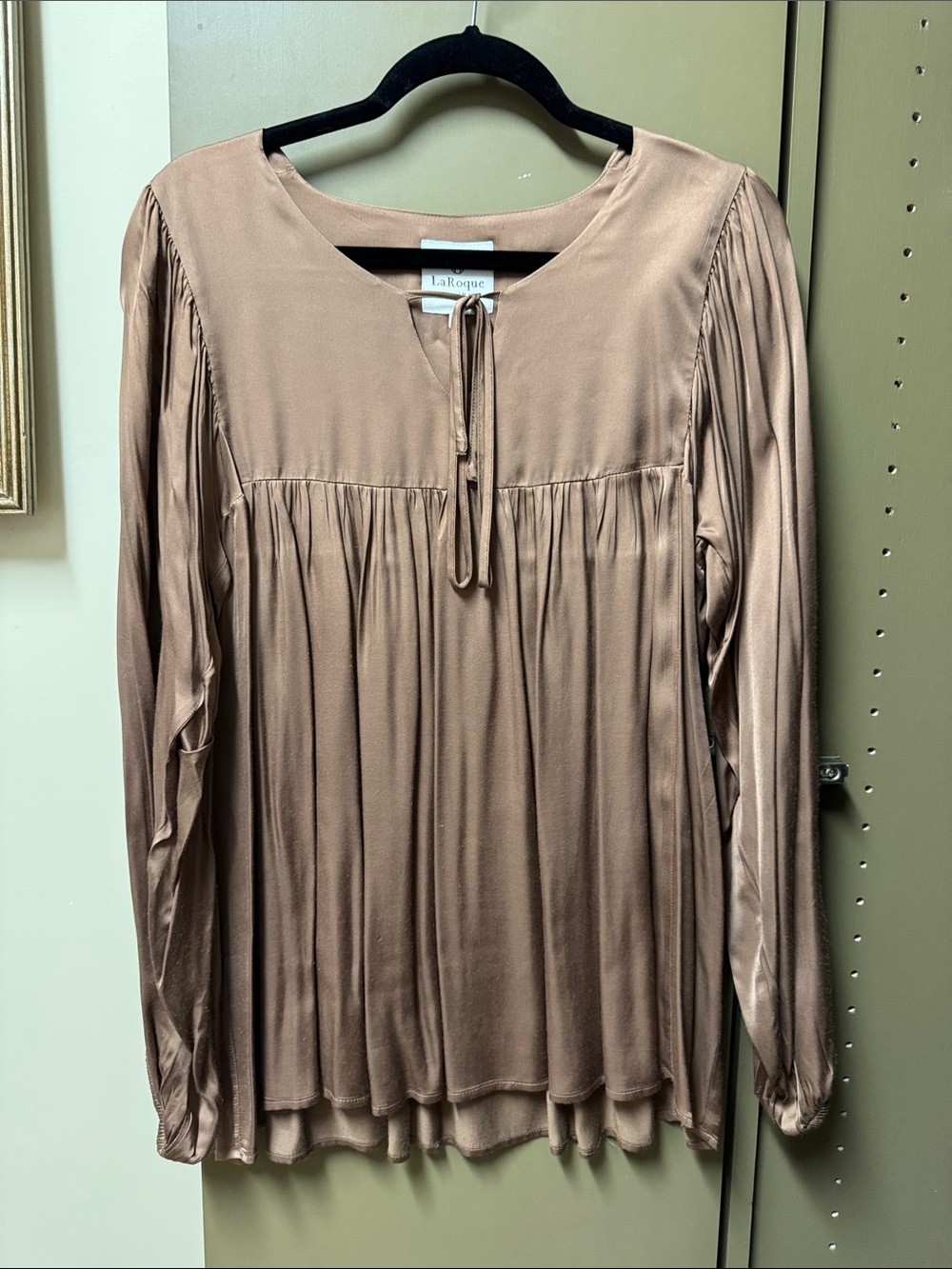 La Roque Taupe Tie-Neck Pleated Long-Sleeve Blouse